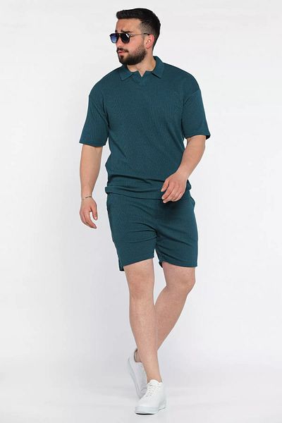 MİSHAR İTALİA Emerald Green Self Patterned Polo Collar Men's T-Shirt Shorts Two Piece Set