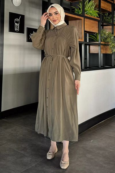 julude Χακί Roba Μακρύ Κορδόνι Κουμπωτό Φόρεμα Hijab