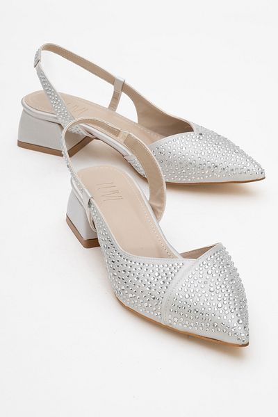 LuviShoes Pantofi cu toc mic pentru femei SELLA Silver Satin Stone