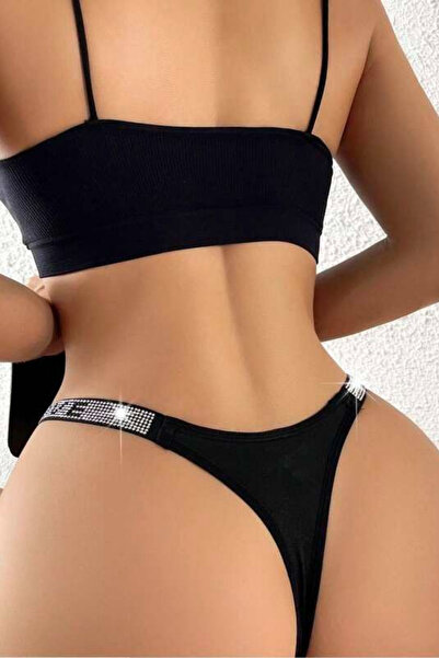 LORIAN'S Chiloți negri de damă cu dungi Love Stone Detaliu Elegant și elegant