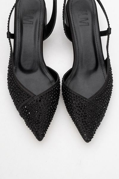 LuviShoes Sella Black Satin Stone Women's Short Heeled Shoes