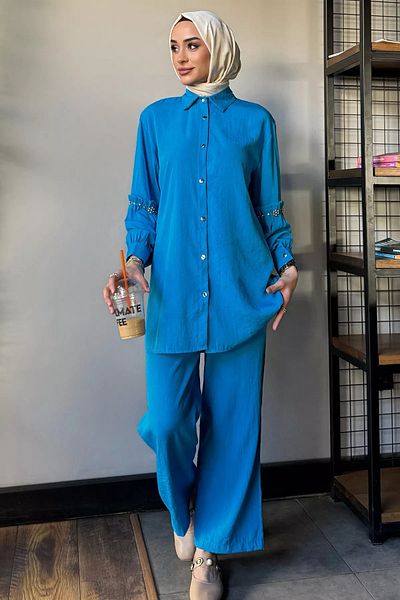 julude Set de două piese Hijab cu tunică cu detalii de piatră albastră