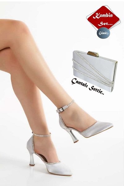 Famels Silver Satin Stone Special Ankle Lacing Evening Dress Shoes Heels Shoes and Combination Bag