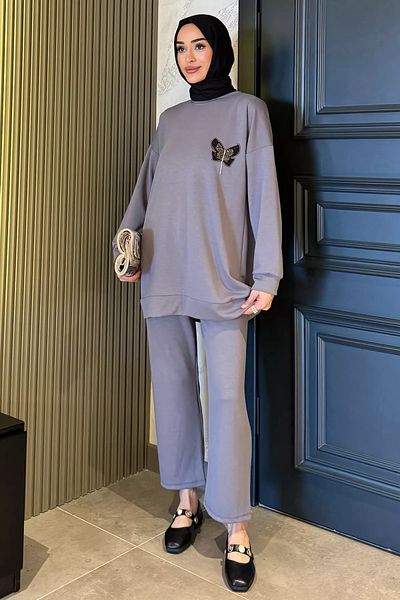 julude Γκρι Plus Size Butterfly Stone Hijab Παντελόνι Σετ δύο τεμαχίων