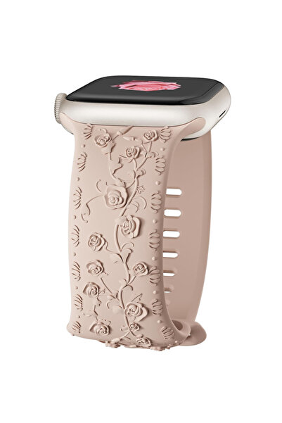 REDz Accessories Λουράκι με τριαντάφυλλα, χαραγμένη σιλικόνη, για Apple Watch, λεπτομέρειες λουλουδιών, ρυθμιζόμενο, κρεμ - 44/45/46/49 mm