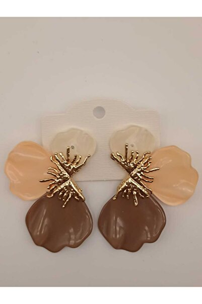 TLSMACCESORIES ÇİÇEK KÜPE 3 YAPRAK KAHVERENGİ BEJ
