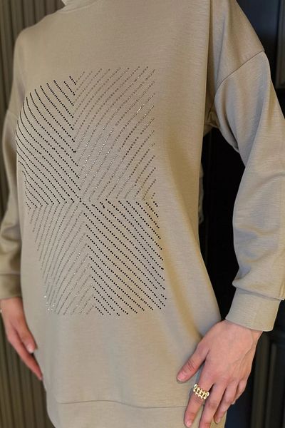 julude Μπεζ μπροστινό πέτρινο λαιμόκοψη Plus Size Hijab Παντελόνι Σετ δύο τεμαχίων