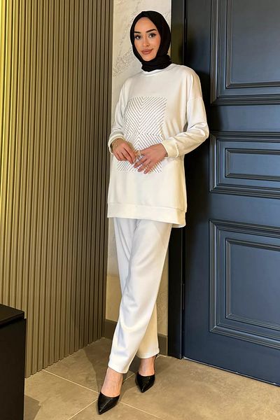 julude Λευκό μπροστινό πέτρινο λαιμόκοψη Plus Size Hijab Παντελόνι Σετ δύο τεμαχίων