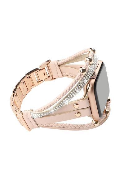 REDz Accessories Fashion Strap For Apple Watch, Rhinestones And Leather, Multi Bracelet Look, Pink - 44/45/46/49 Mm