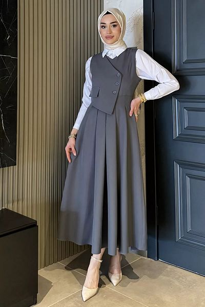 julude Γυναικείο φόρεμα Anthracite με λεπτομέρεια πλισέ Hijab Gilet