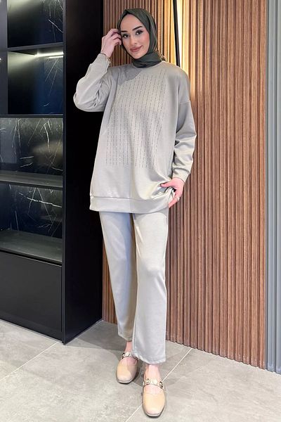 julude Σκούρο μπεζ Crew Neck μπροστινό πέτρινο Plus Size Hijab Παντελόνι Σετ δύο τεμαχίων