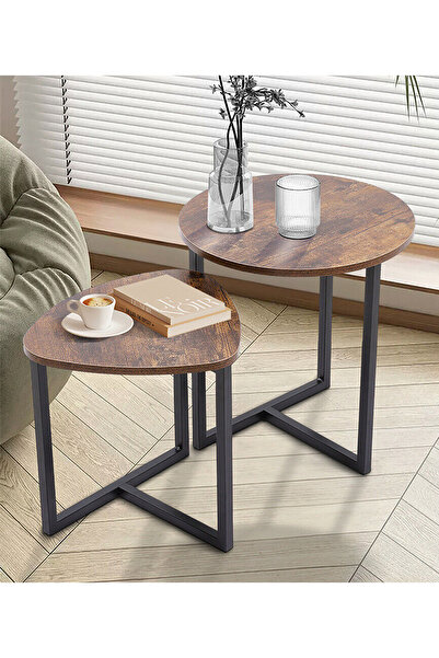 AnneFish 2pcs Side Service Round Table Set End Accent Coffee Table Nightstand Bedside Table Living Room
