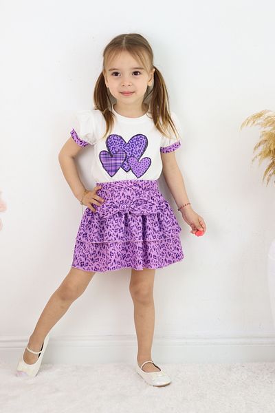 ESİLA KİDS Girl's Leopard Print 2-Piece Set Heart Print Balloon Sleeve T-Shirt and Ruffled Skirt 3-6 Years
