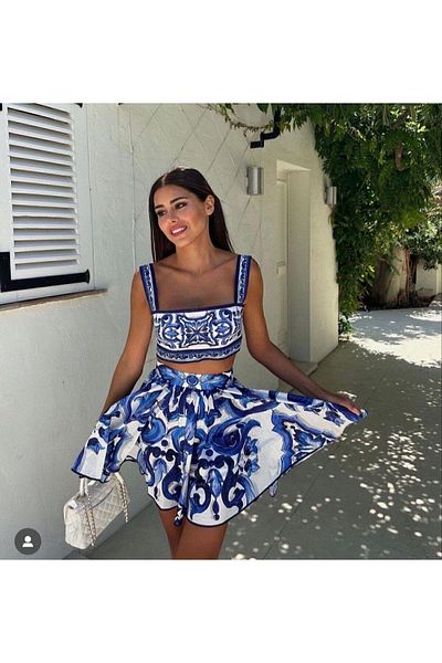 BRGCLOTHING Women's Premium Quality Blue White Patterned Strappy Square Neck Crop Top and High Waist Mini Skirt Set