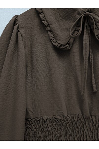 Modamorfo Elastic Waist Baby Collar Long Sleeve Blouse - Brown