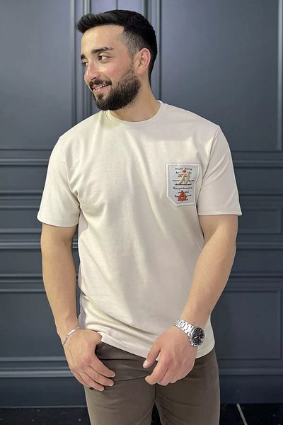 MİSHAR İTALİA Ανδρικό μπλουζάκι με στάμπα σε μπεζ λαιμόκοψη