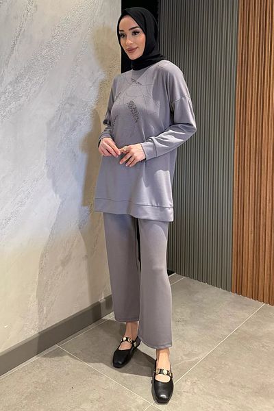 julude Γκρι Plus Size Crew Neck Stone Hijab Παντελόνι Σετ δύο τεμαχίων