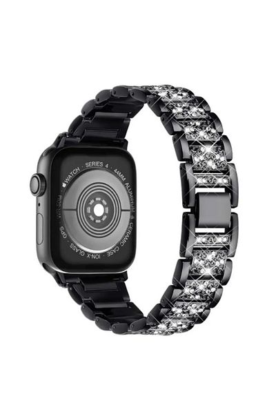 REDz Accessories Curea metalică pentru Apple Watch, model cu zale/zirconiu, oțel inoxidabil, neagră - 44/45/46/49 mm