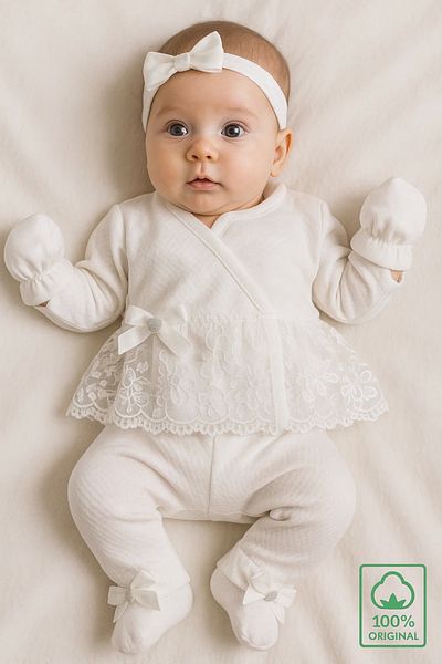Babydonat طقم خروج من المستشفى بنقشة الدانتيل للأطفال من 0 إلى 3 أشهر - 100% قطن