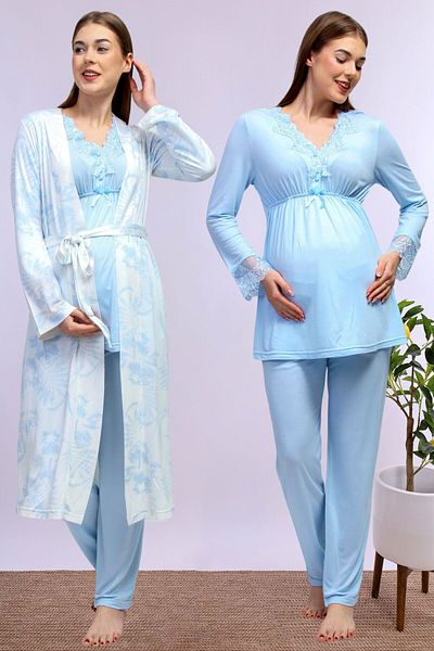 ByLohusa Set de pijamale de maternitate pentru gravide Effortt Blue Peignoir