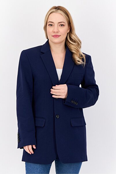 Esprit بليزر نسائي بأكمام طويلة وزرين، أزرق داكن