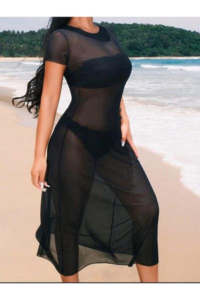 SolQ Crew Neck Short Sleeve Long Tulle Bikini Top Pareo-Beach Dress