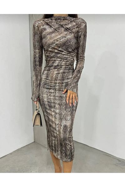Lotus Sandy Fabric Narrow Fit Snake Pattern Body Hugging Dress
