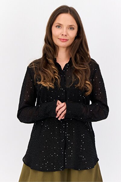 Esprit Women Spread Collar Long Sleeve Sequined Blouse, Black