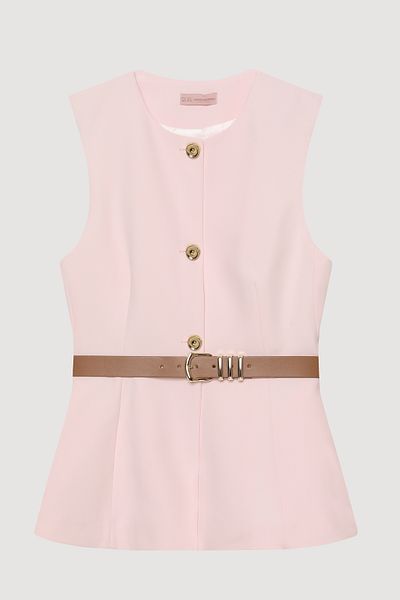 Quzu Buttoned Sleeveless Vest with Belt Accessories Pink