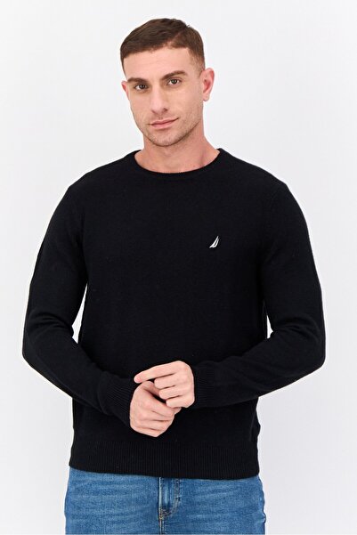 Nautica Men Ribbed Neck Knitted Sweater, Black