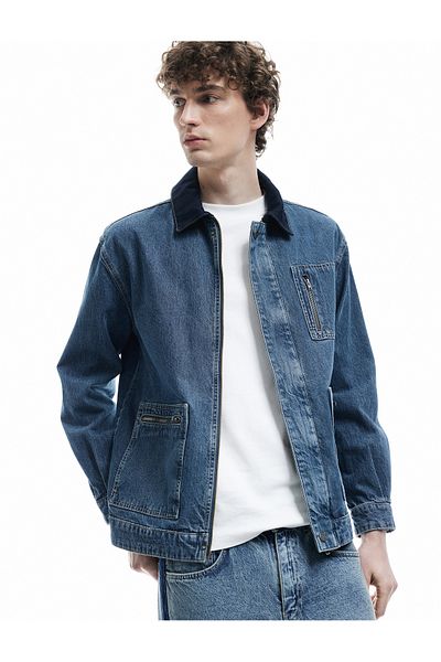 Koton Βαμβακερό Oversize Μακρυμάνικο Τζιν Μπουφάν με Λεπτομέρεια με φερμουάρ
