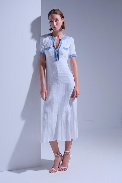 JOIN US Denim Detailed Short Sleeve Ecru Midi Dress
