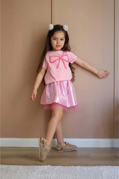 Canlook Girl's Suit with Bow Detail and Shiny Skirt