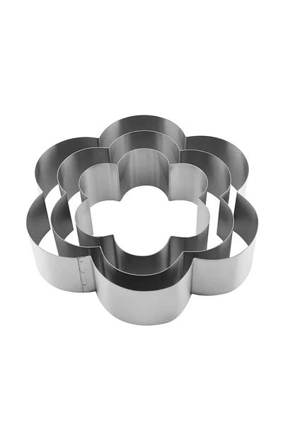 PUFO Set de 3 inele metalice în formă de floare, pentru blaturi de tort, fursecuri, oțel inoxidabil, argintiu