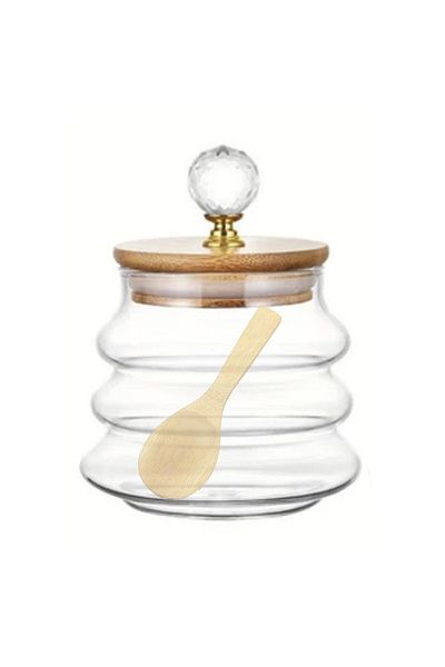 PUFO Borosilicate glass container with wooden spoon for sugar, coffee, tea or spices, with wooden lid