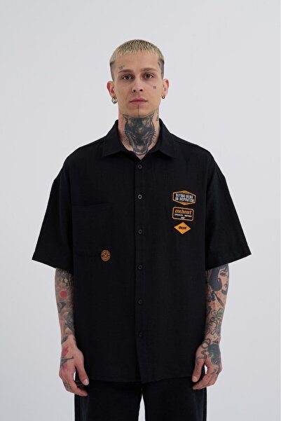 Machinist Ανδρικό Basic Κεντημένο Oversize Μαύρο Πουκάμισο