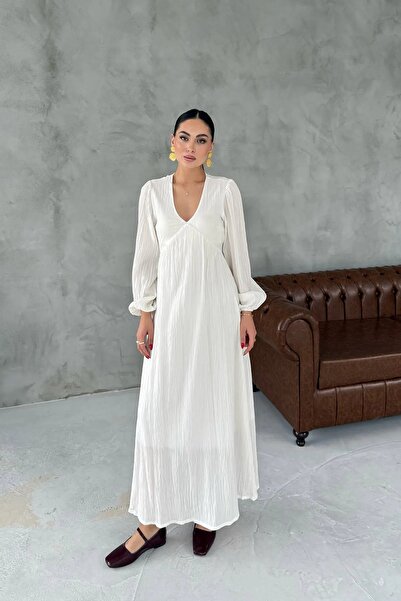 solena sln Rochie de vară lungă cu curea cu decolteu în V Seersucker Ecru