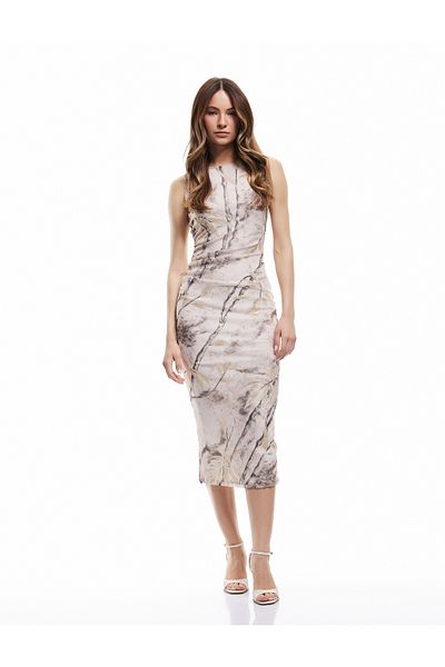 Koton Bez rukávů Crew Neck Drape Detailní vzorované bodycon dlouhé tužkové šaty