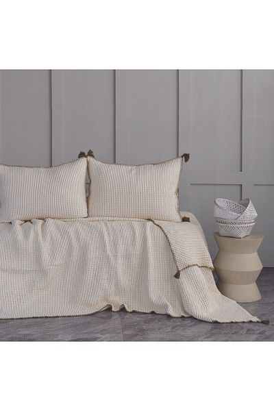 Dantela Drina Double Tasseled Bedspread & Pike Set - Khaki