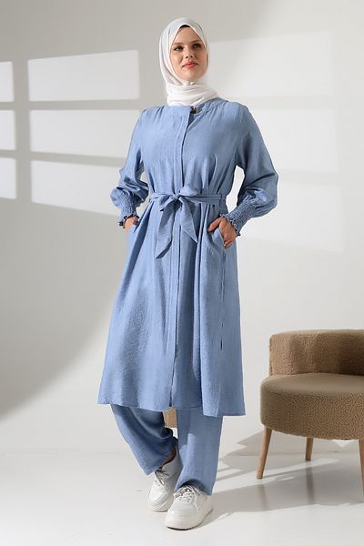 ihvanonline Women's Hidden Zipper Side Slit Gipeli Hajj Umrah Clothing Hijab Double Suit Blue
