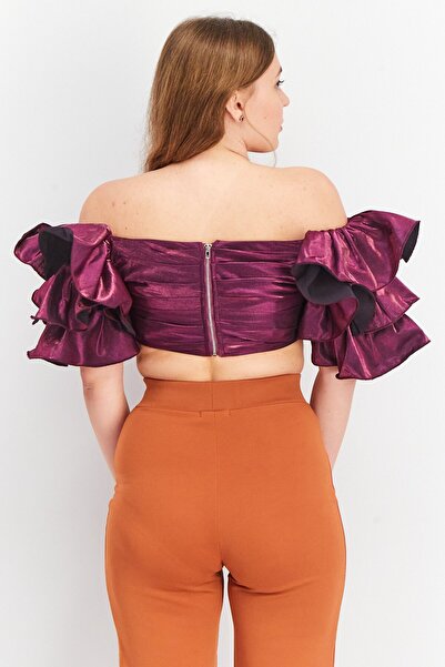 Yaura Women Off Shoulder Ruffle Sleeve Plain Cropped Top, Purple