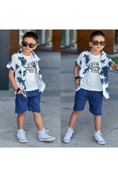 JOYBOY KİDS Palm Muslin Athlete Shorts Boys' Suit 3-Piece Combination