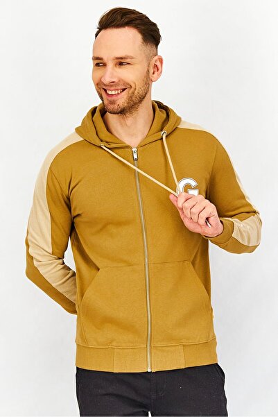 GAZZARRİNİ Men Brand Logo Drawstring Hood Sweatshirt, Camel