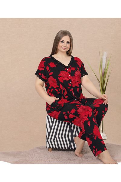 Lady Lingerie Floral Patterned, Short-Sleeved, Buttoned Oversize Women's Pajama Set