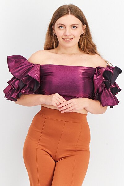 Yaura Women Off Shoulder Ruffle Sleeve Plain Cropped Top, Purple