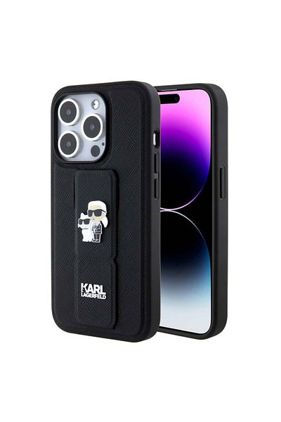 Karl Lagerfeld Case for IPhone 15 Pro, Karl Lagerfeld, Saffiano Gripstand, Black