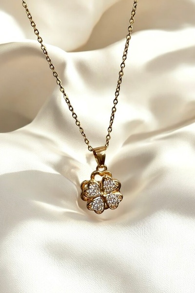 Elifsu Jewelry Dönen Stres Yoncası Altın Renkli Çelik Kolye