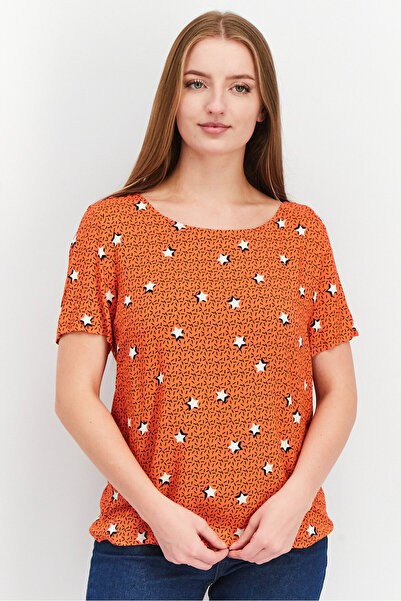 I.CODE Women Round Neck Short Sleeve Allover Printed Top, Orange