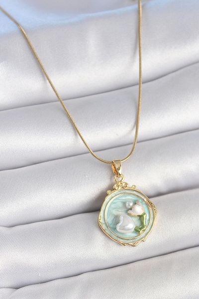 Clariss 316L Steel Gold Color Chain Turquoise Enamel Pearl Flower Embroidered Portrait Model Women's Necklace