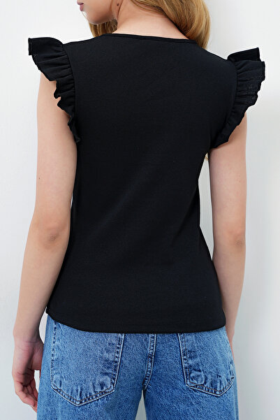 VAGGON Women's Dark Black Metal Accessory Sleeve Ruffle Camisole Blouse Vgn-X5978